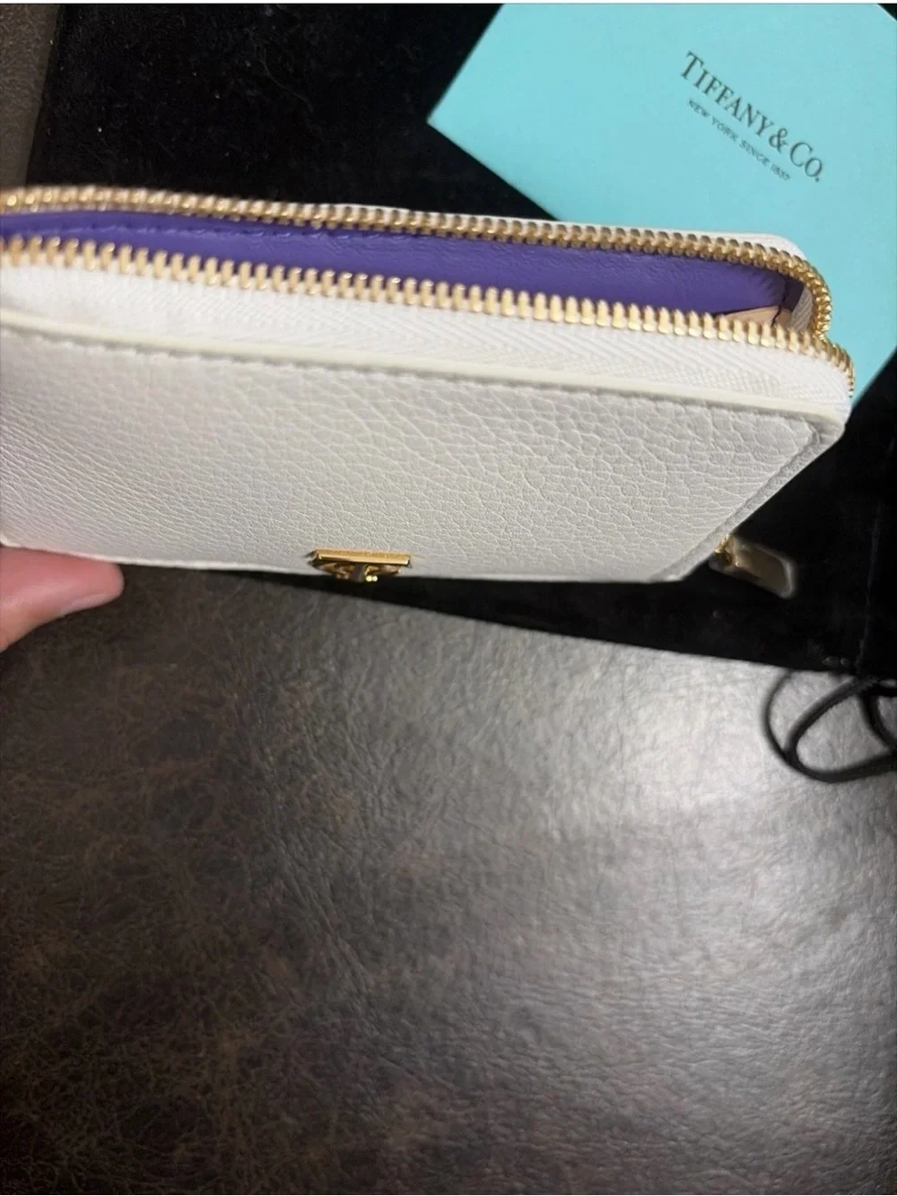 Tiffany & Co  White Leather Zip Card Case